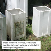 These modified, recycled, containers maintain optimum moisture levels during the composting process.