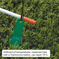 Artificial turf temperatures, measured here with a Thermocron button, can reach 70°C.
