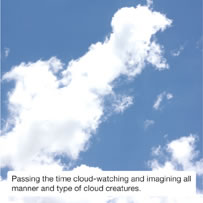 Passing the time cloud-watching and imagining all manner and type of cloud creatures. 